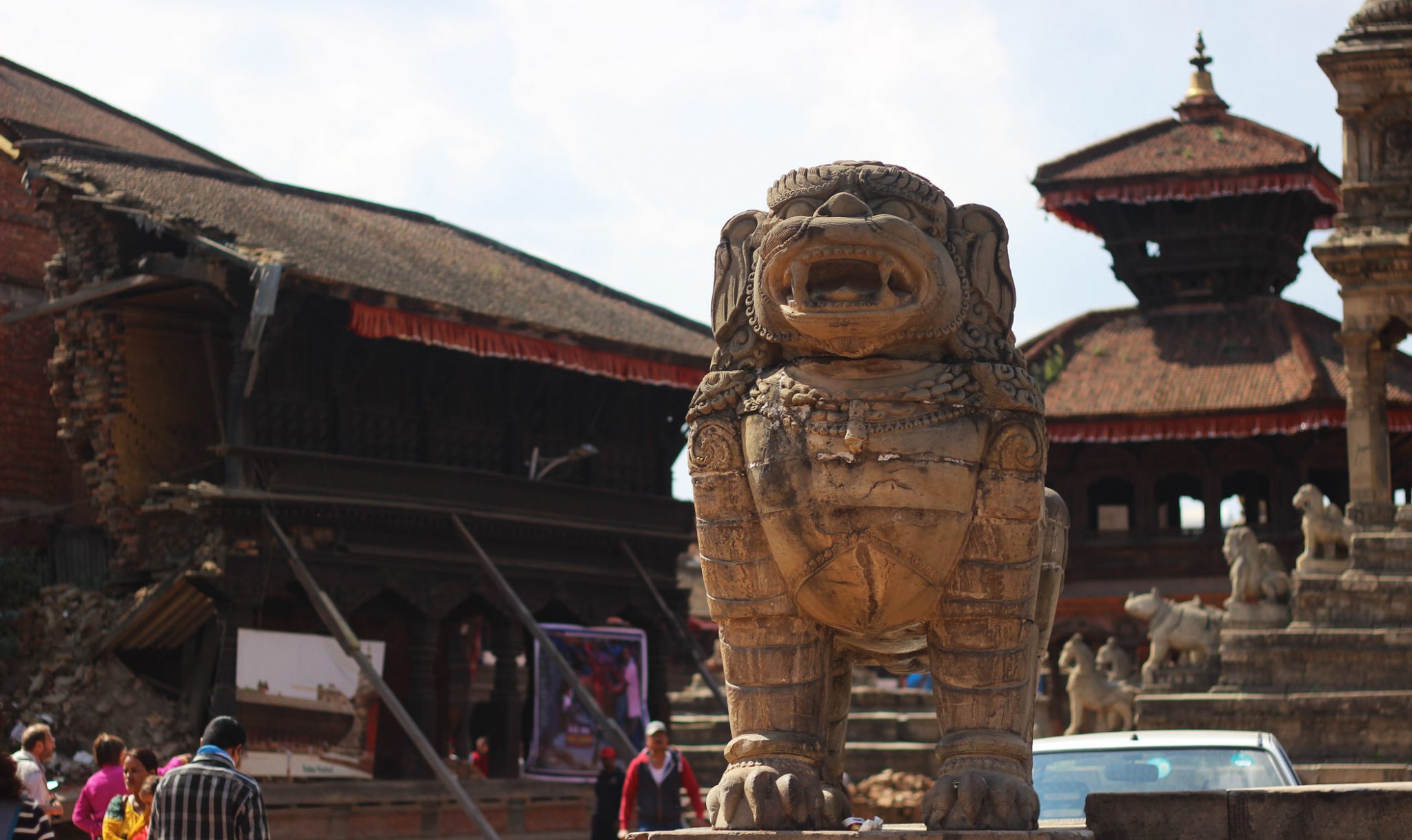 A set of two stone lions stand on their own in Bhaktapur’s Durbar Square. It is thought that the temple they used to guard was destroyed by the 1934 earthquake, the worst in Nepal’s history. Nearly a third of the city’s temples and buildings were destroyed in that earthquake, which measured 8.0 in magnitude.